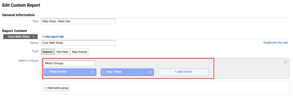 Web vitals custom report metrics in google analytics